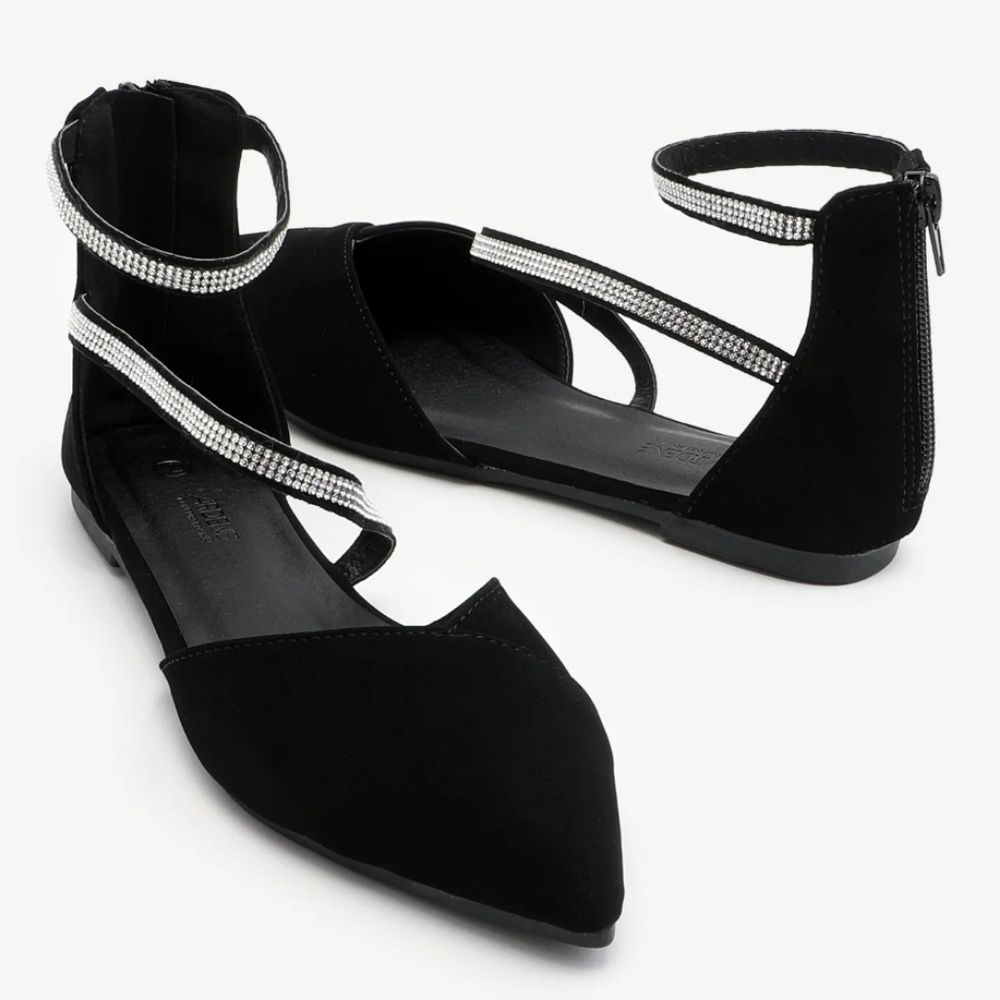 NEW Ardene size 7 Black Zipper Flats w Gemstones on Ankle Straps *ay